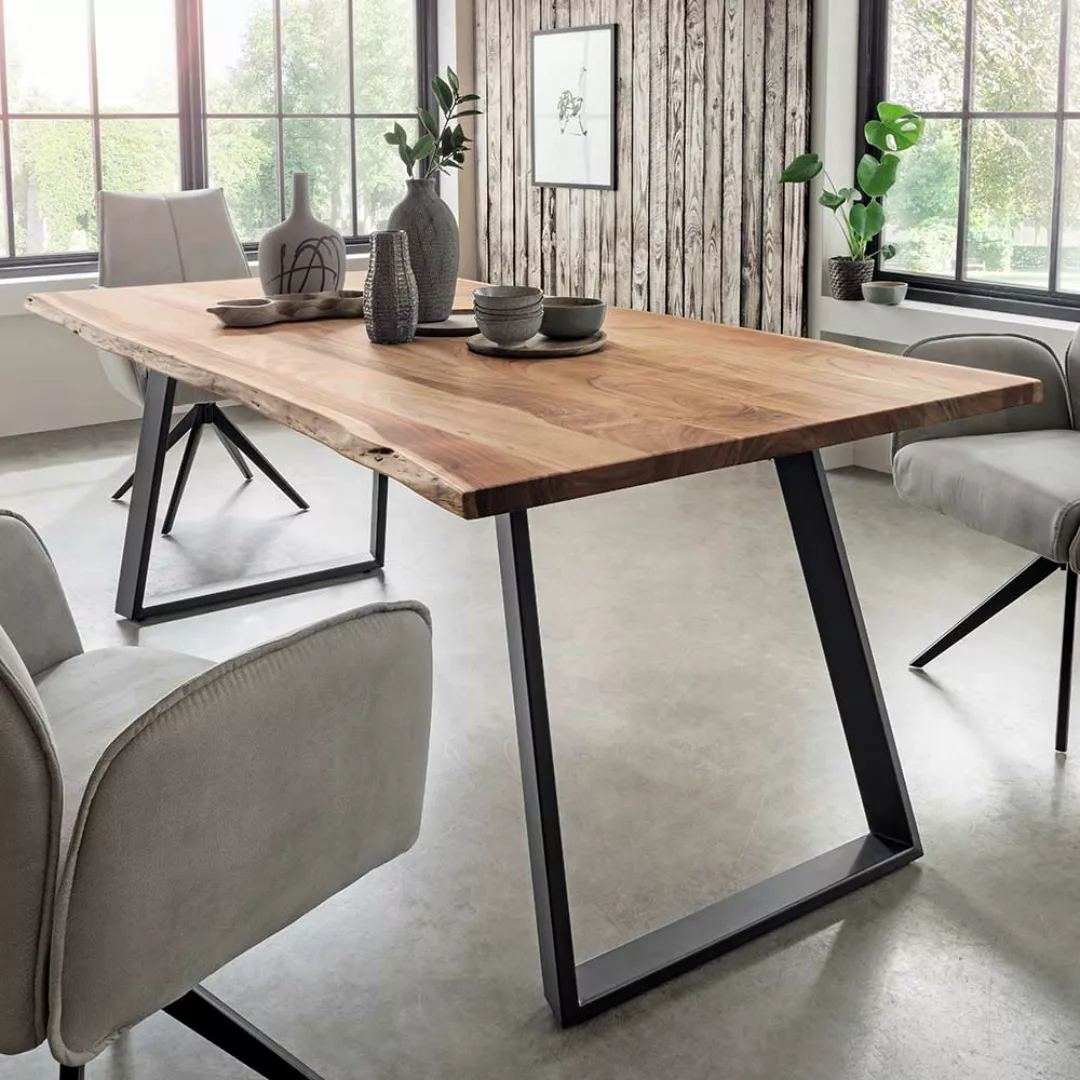 Tisch Massivholz in Akaziefarben und Schwarz Metall Bügelgestell günstig online kaufen