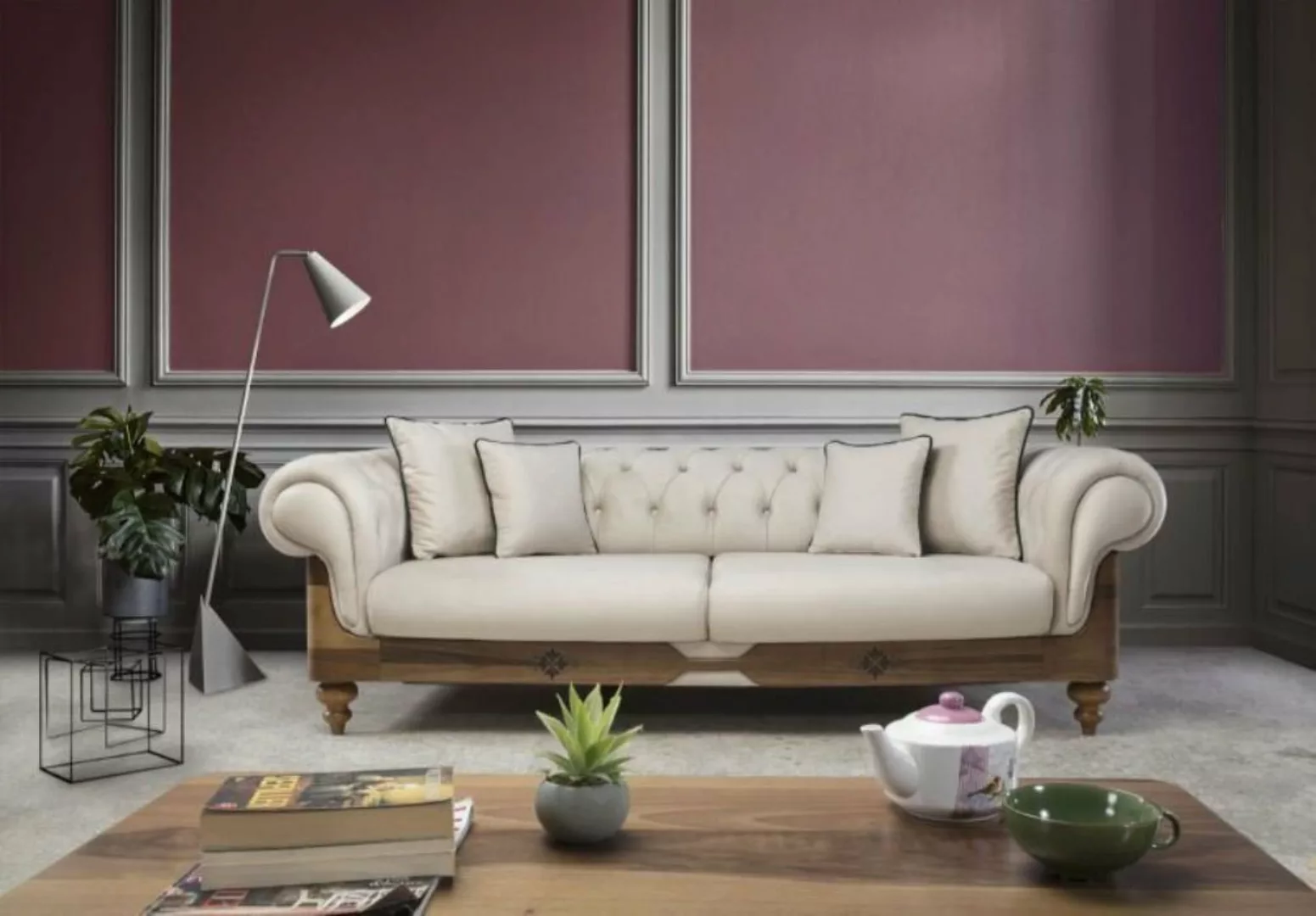 JVmoebel 3-Sitzer Braun-Weißes Chesterfield Sofa Designer Wohnzimmer Couch günstig online kaufen