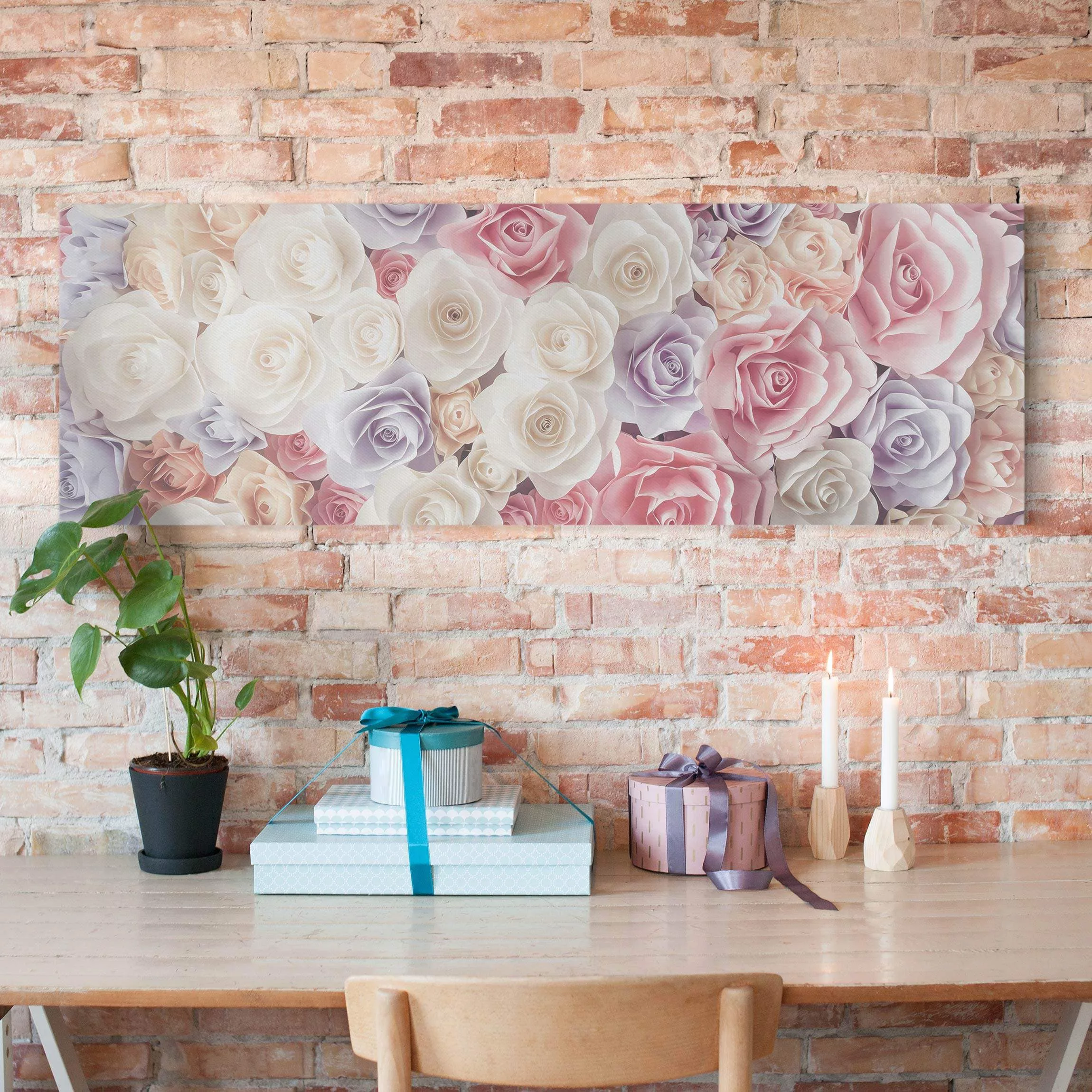 Leinwandbild Blumen - Panorama Pastell Paper Art Rosen günstig online kaufen