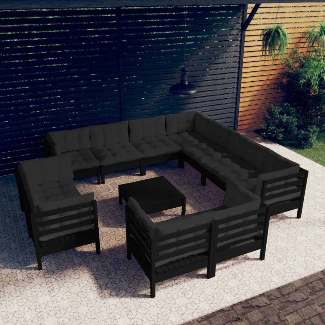 12-tlg. Garten-lounge-set Mit Kissen Schwarz Massivholz Kiefer günstig online kaufen