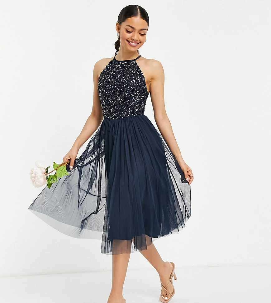 Maya Petite – Bridesmaid – Midi-Tüllkleid in Marineblau mit Neckholder und günstig online kaufen