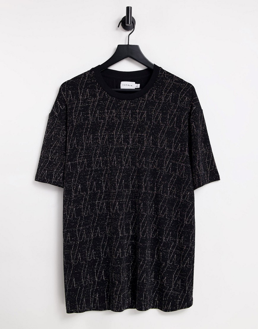 Topman – Oversize-T-Shirt in Schwarz mit Metallic-Funkenmuster günstig online kaufen