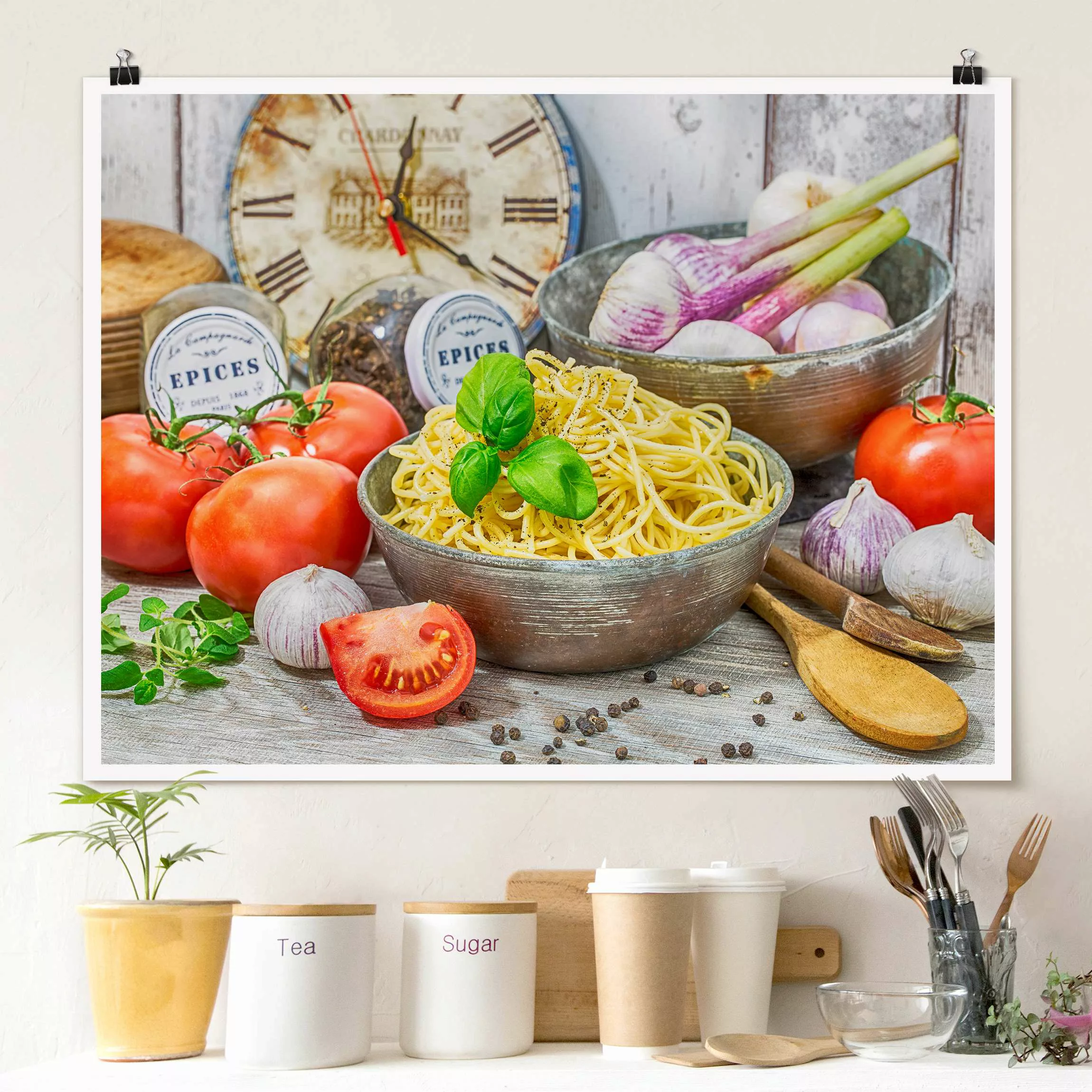 Poster Spagetthischale mit Basilikum günstig online kaufen