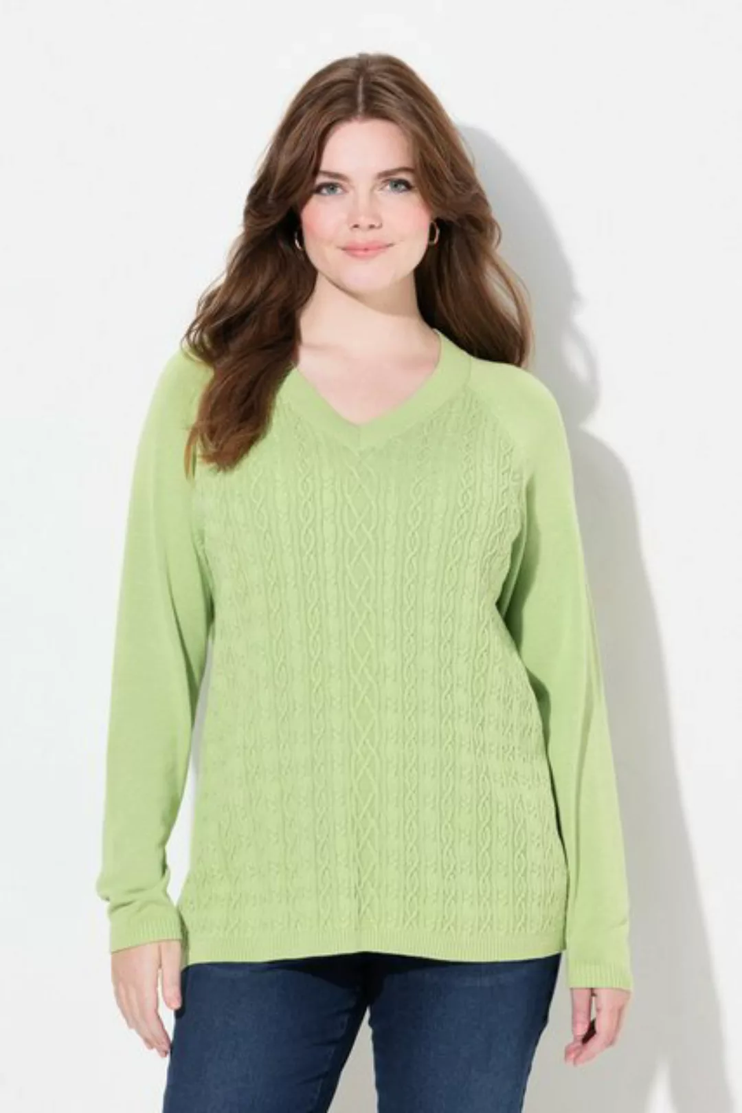 Ulla Popken Strickpullover Pullover Zopfmuster V-Ausschnitt Langarm günstig online kaufen