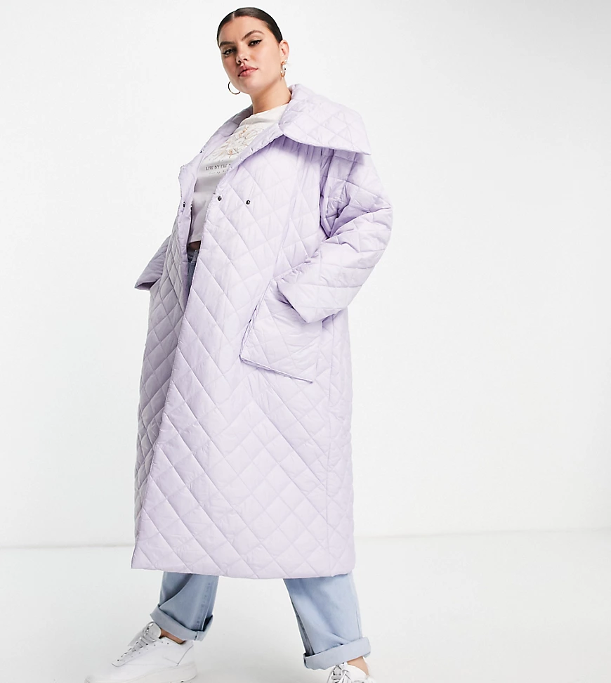 Native Youth Plus – Langer Oversize-Steppmantel mit Rautenmuster-Violett günstig online kaufen