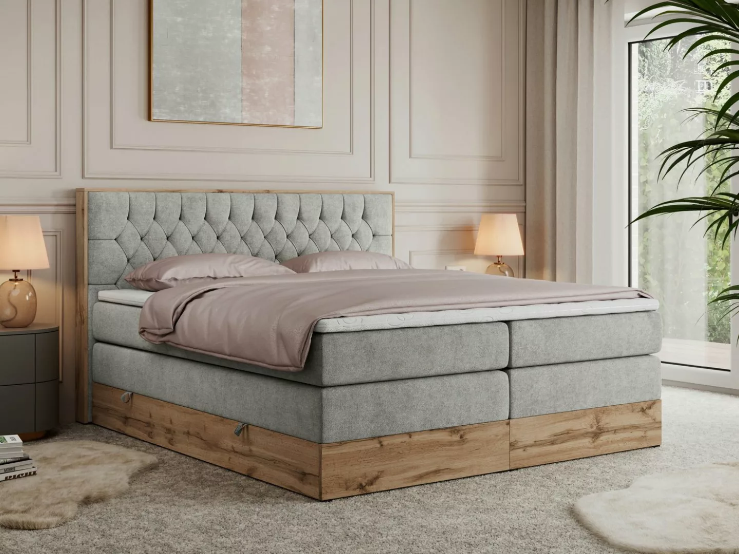 MKS MÖBEL Boxspringbett AMORE KING (Set, Holzrahmen in Eiche-Optik, Topper günstig online kaufen