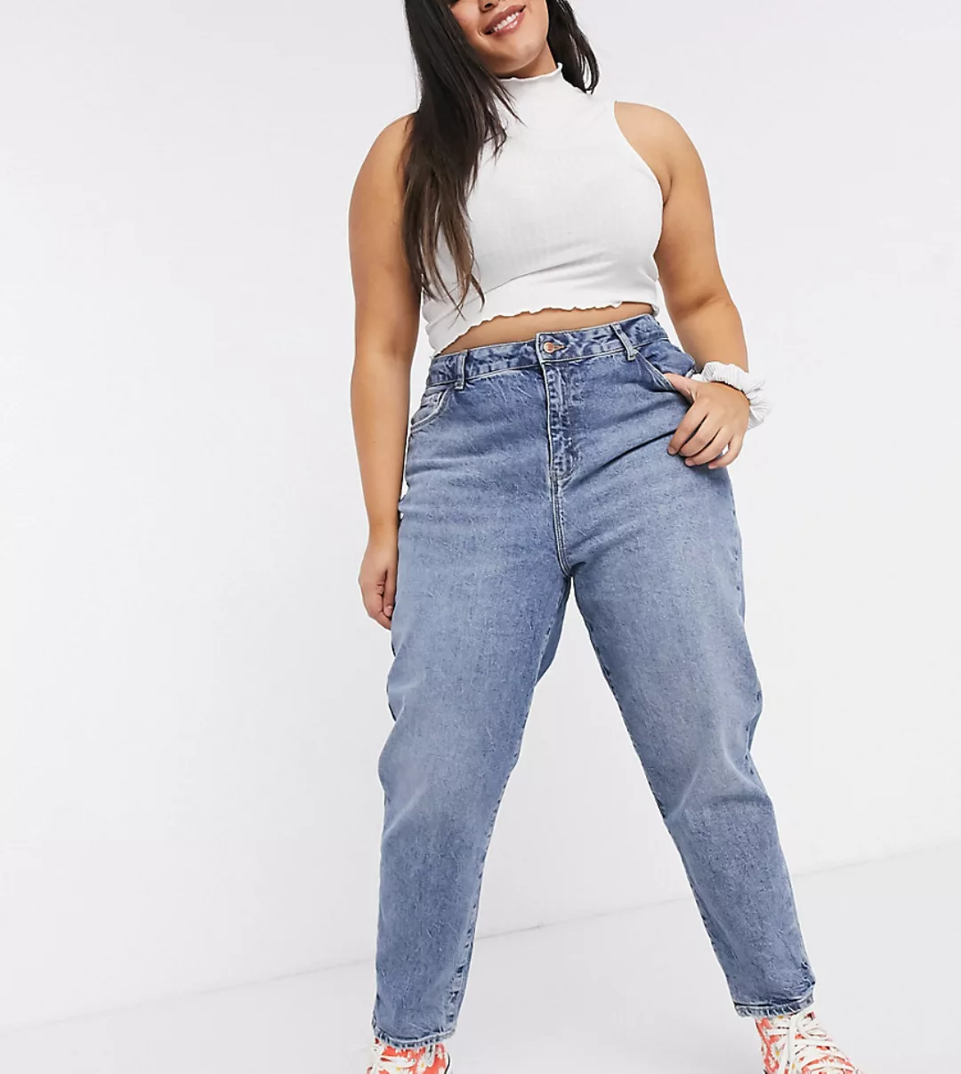 New Look Curve – Mom-Jeans mit betonter Taille in Mittelblau günstig online kaufen