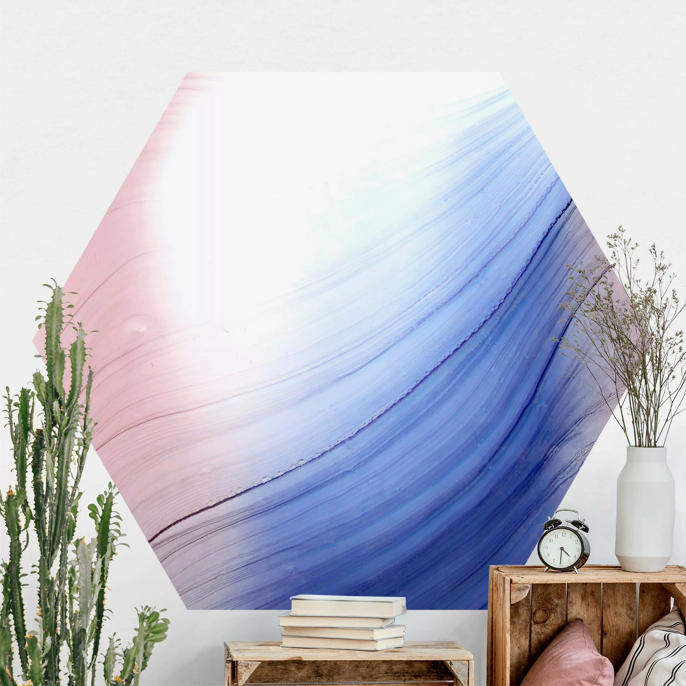 Hexagon Fototapete selbstklebend Melierter Farbtanz Blau mit Rosa günstig online kaufen