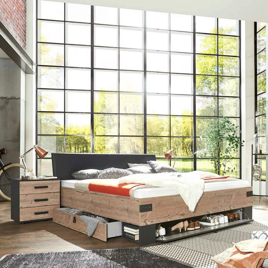 Schlafzimmer Set Industrial in Tannenfarben Dunkelgrau (vierteilig) günstig online kaufen