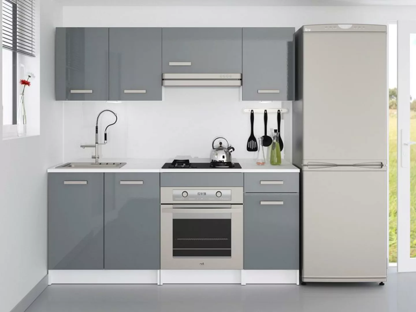 Küchenzeile - mit Arbeitsplatte 180 cm - Grau glänzend & Weiß - TRATTORIA günstig online kaufen