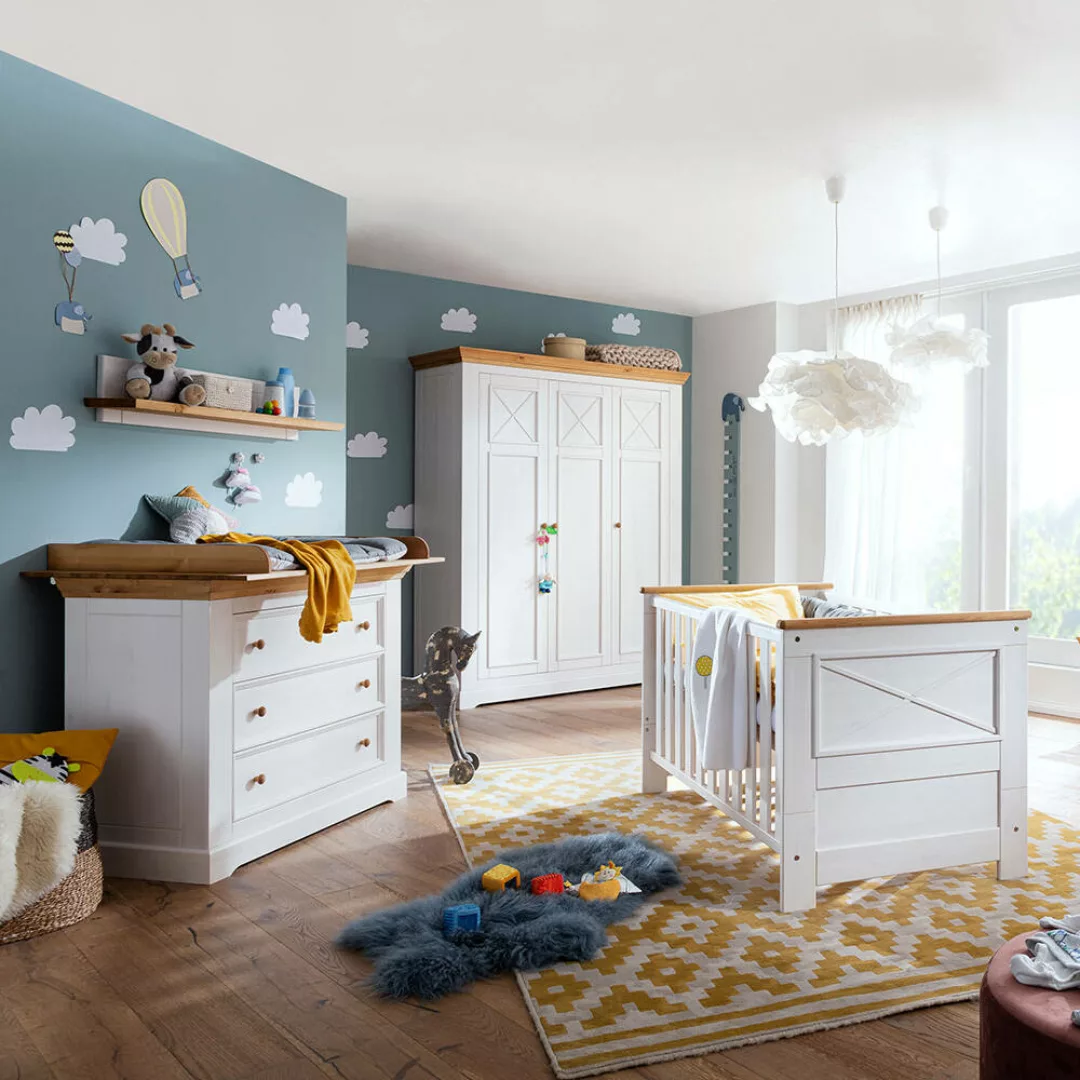 Babyzimmer komplett Set Kiefer weiß mit Eiche KOLOMEA-69, 4-teilig günstig online kaufen