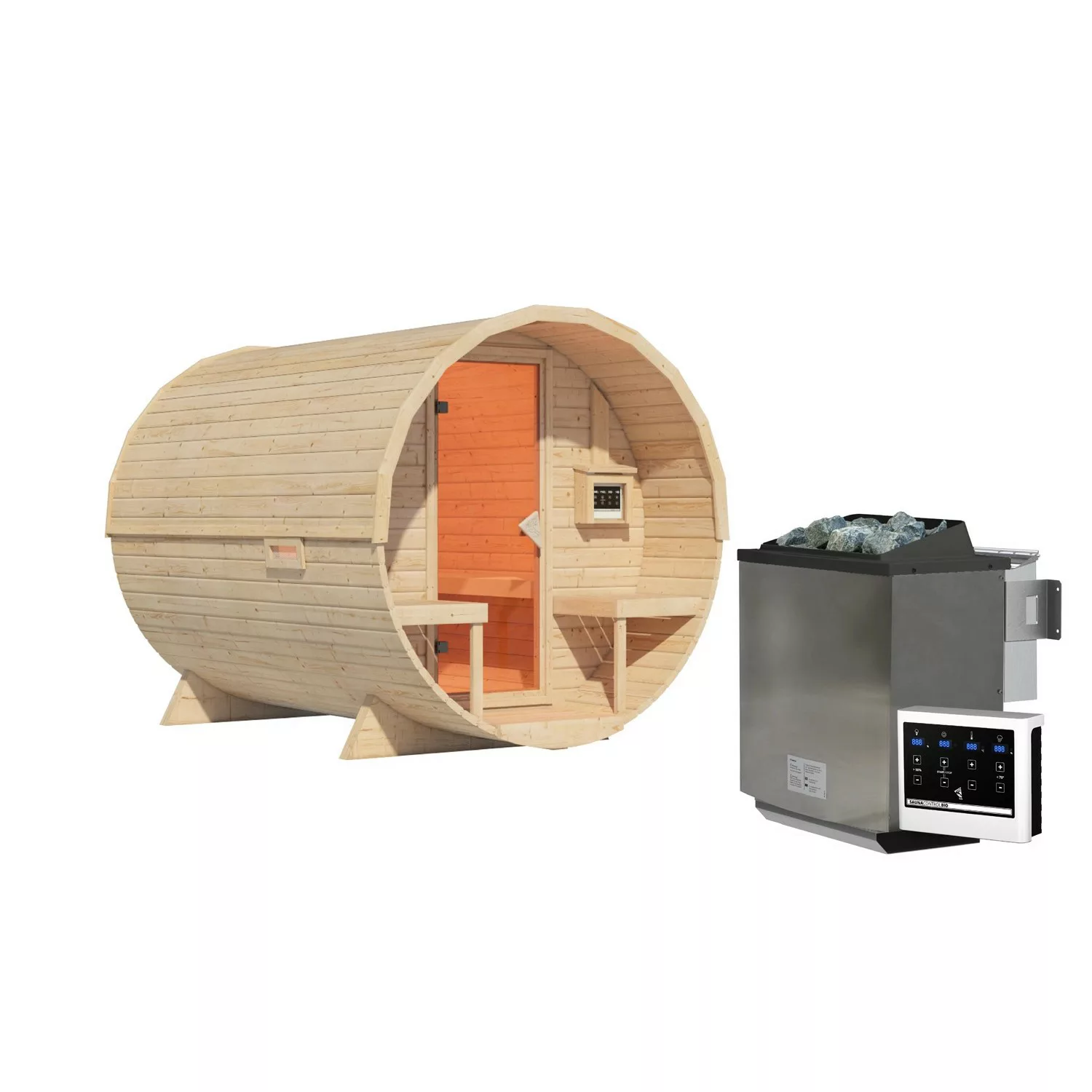Karibu Fass-Sauna 2 Set Naturbelassen mit Ofen 9 kW Bio ext. Steuerung günstig online kaufen