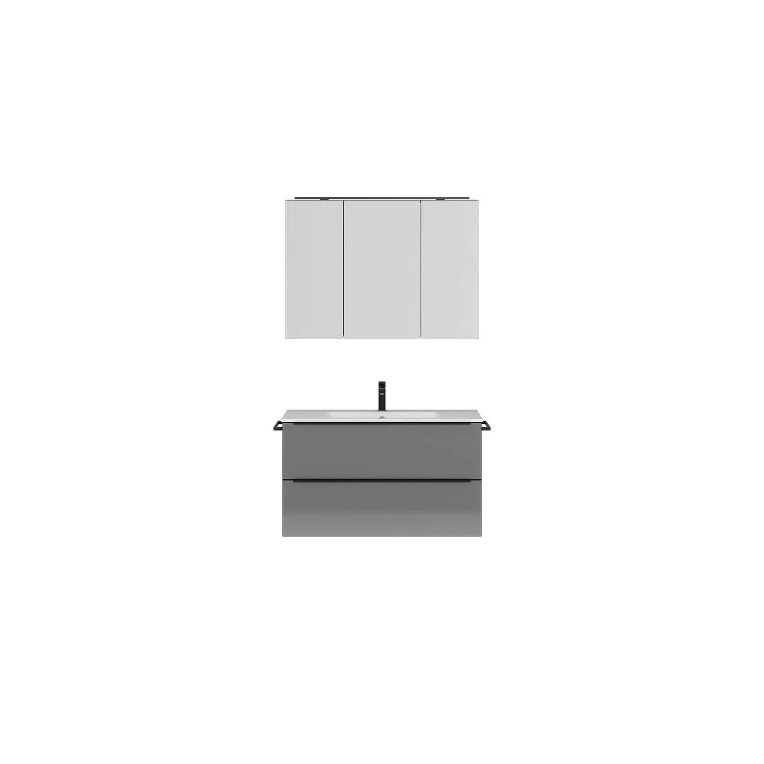 Bad Waschplatz Set mit 101cm Waschtisch, Spiegelschrank in Hochglanz grau, günstig online kaufen