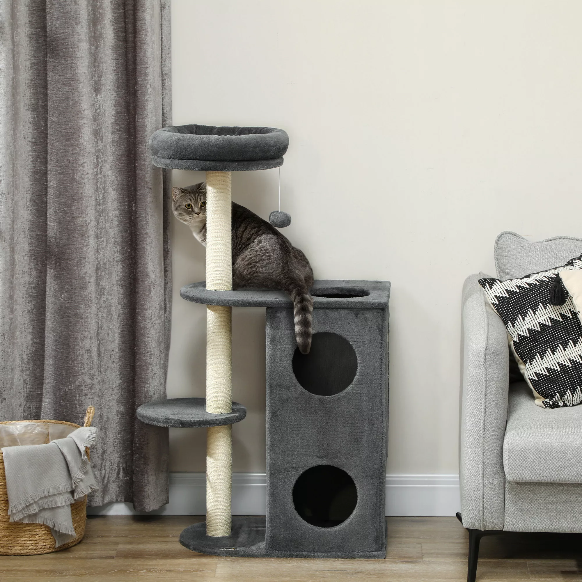 PawHut Kratzbaum 111 cm Katzenbaum mit Katzenhöhle, Bett, Spielball, Katzen günstig online kaufen