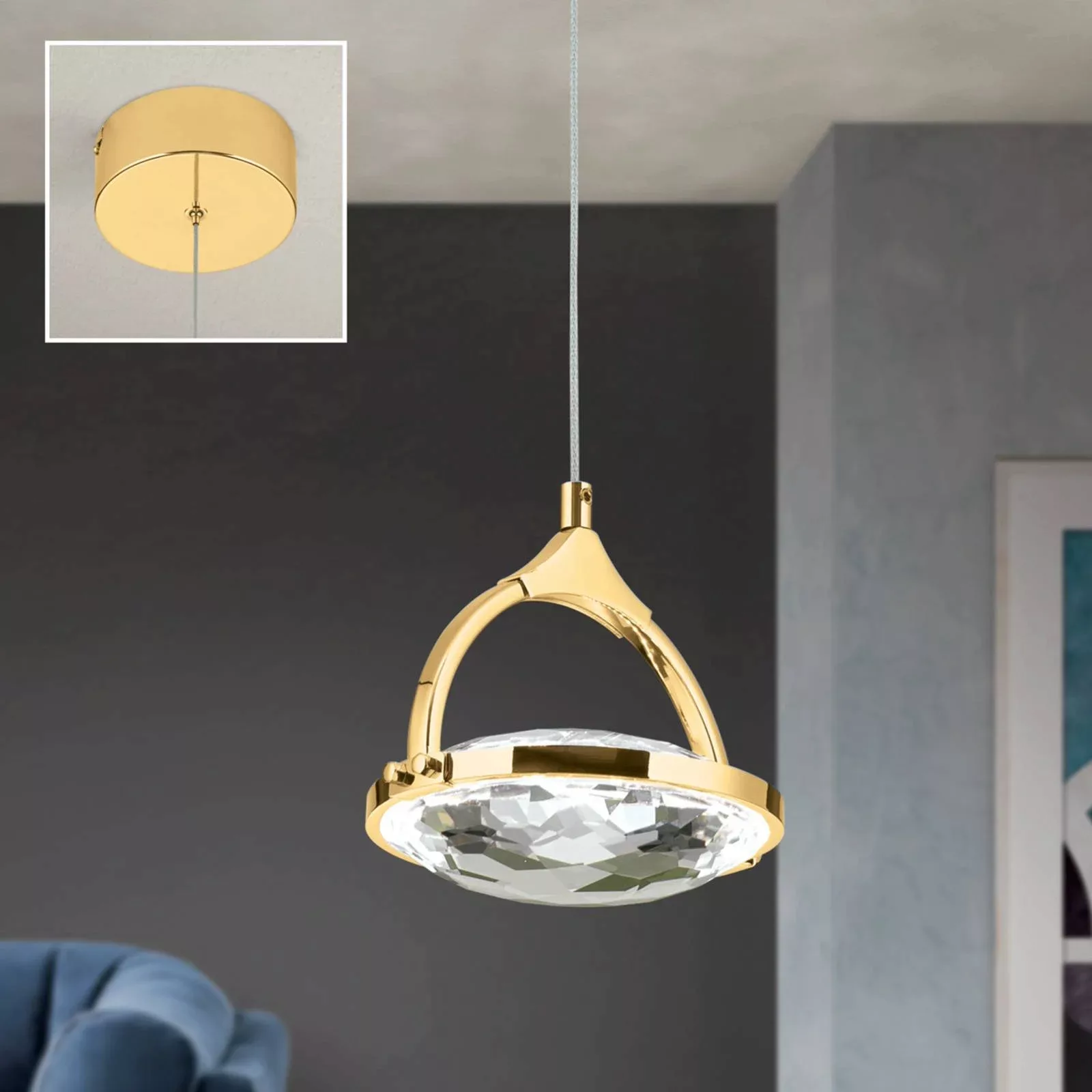 LED-Hängeleuchte Moon, K9-Kristallglas, 1fl, gold günstig online kaufen