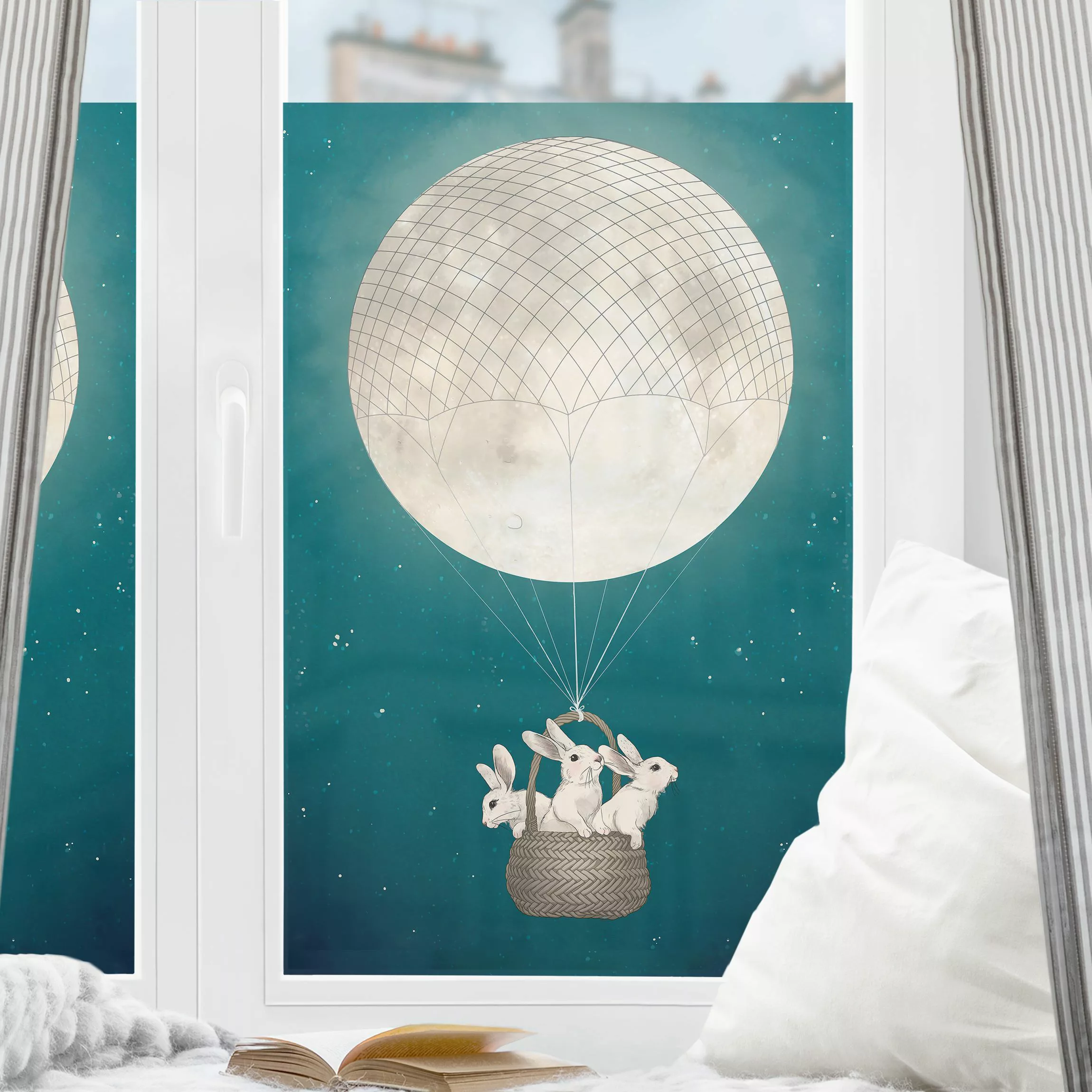 Fensterfolie Illustration Hasen Mond-Heißluftballon Sternenhimmel günstig online kaufen