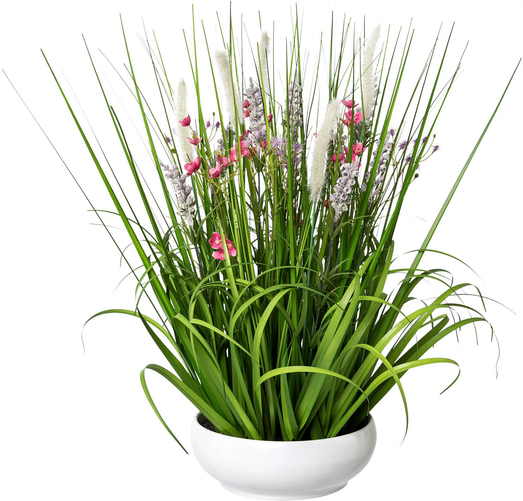 Creativ green Kunstgras "Blüten-Gras-Mix", in weißer Kunststoffschale günstig online kaufen