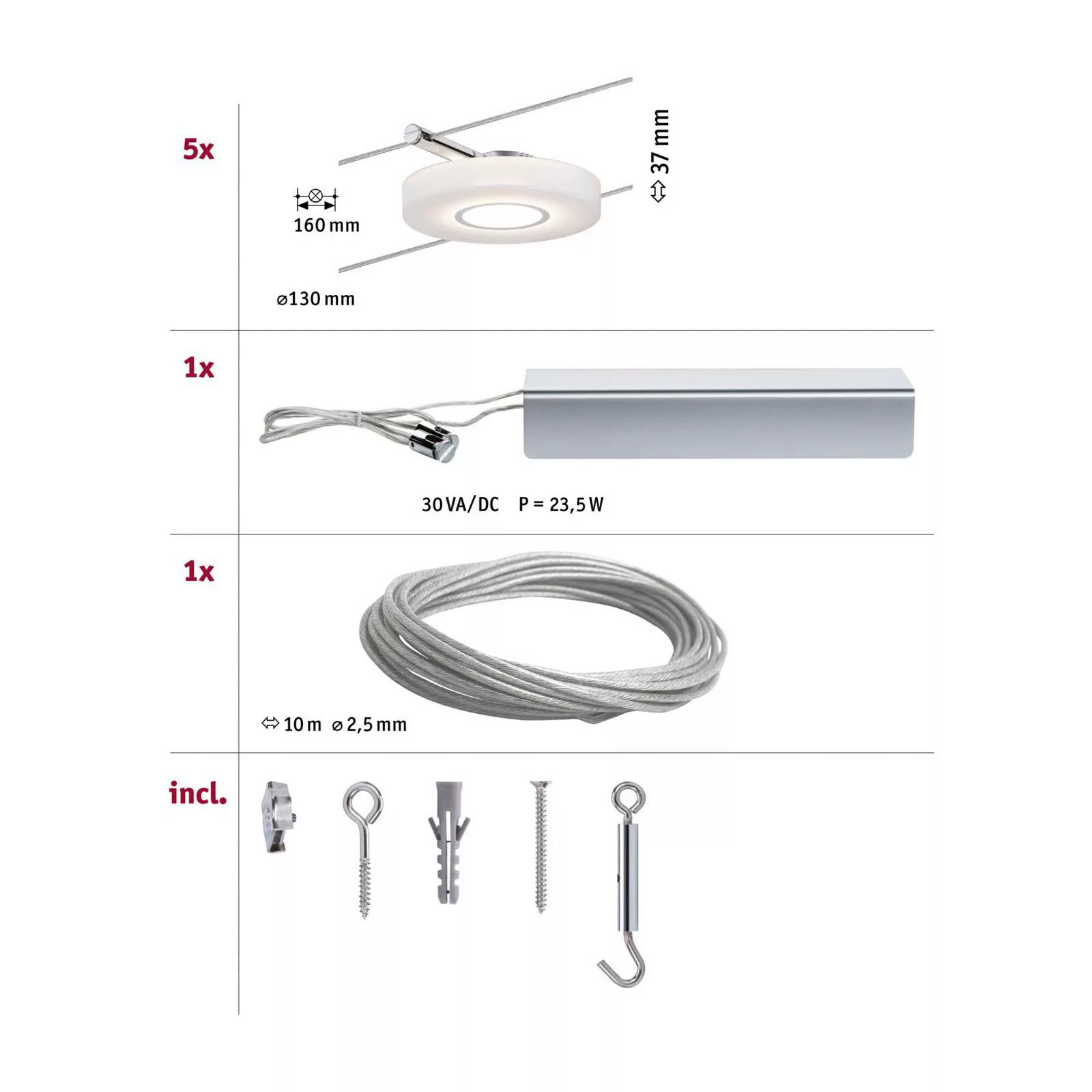 Paulmann DiscLED I Seilsystem Komplett-Set, 5flg. günstig online kaufen