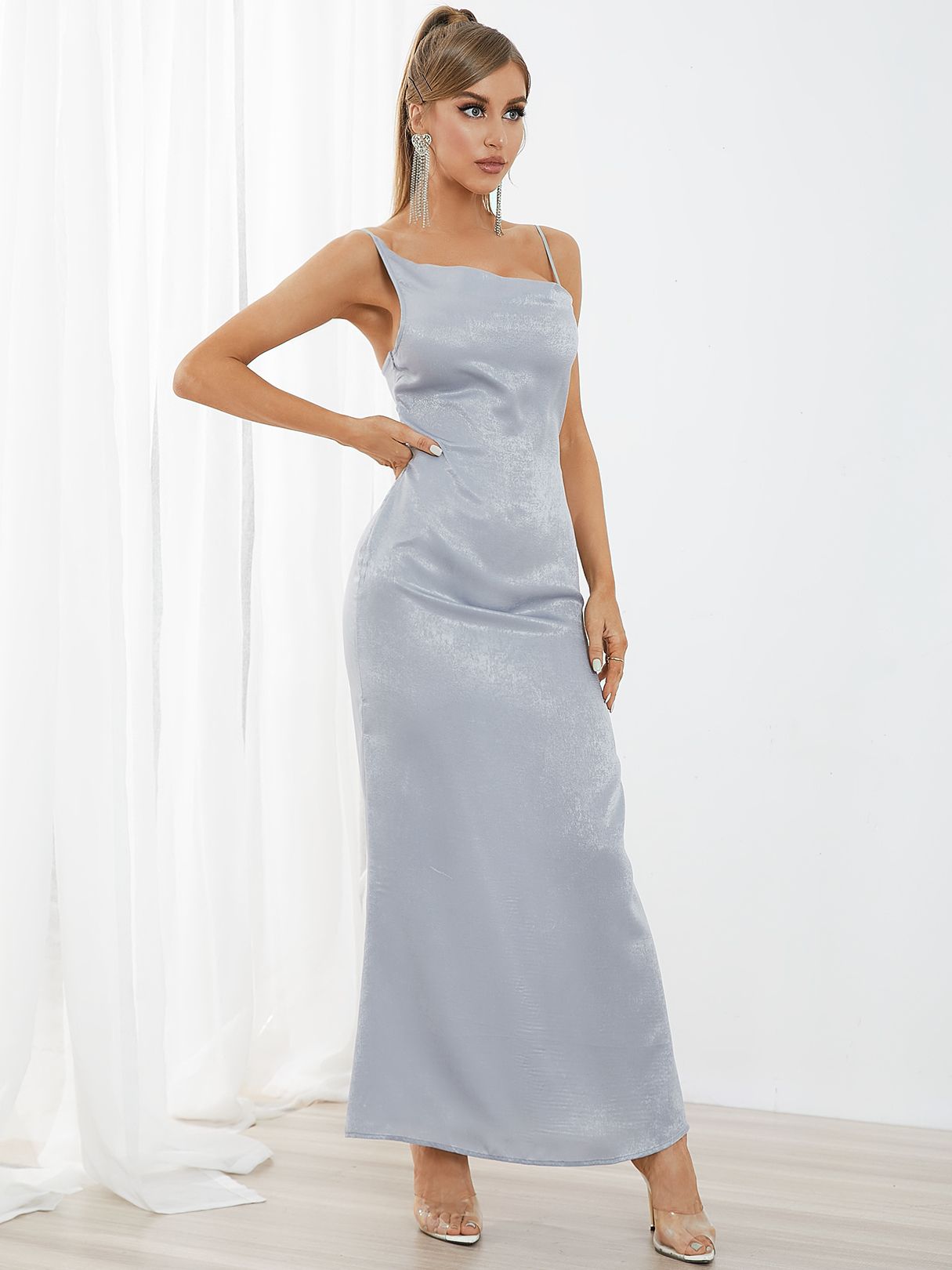 YOINS Grey Spaghetti Semi transparente ärmellose Maxi Kleid günstig online kaufen