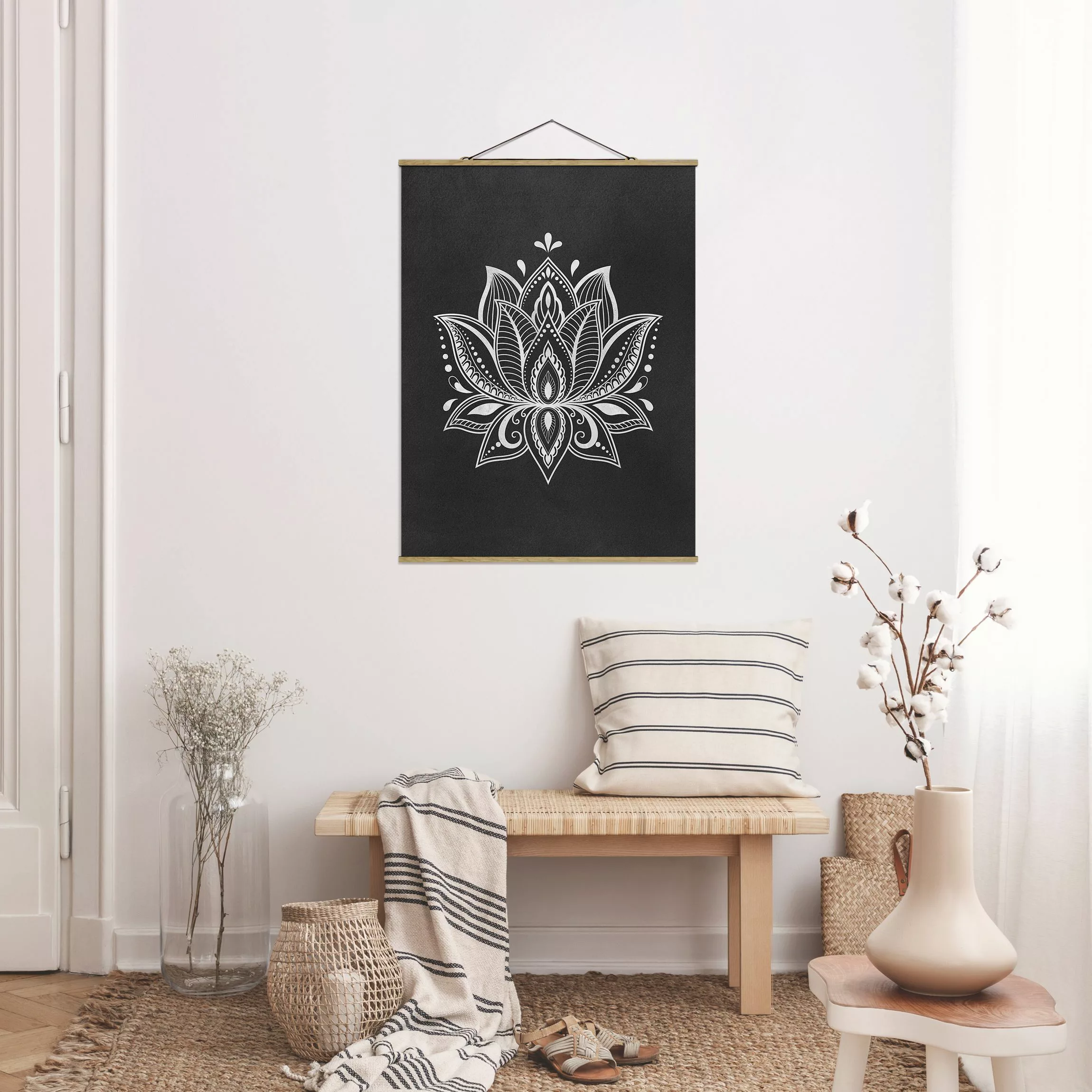 Stoffbild Mandala mit Posterleisten - Hochformat Lotus Illustration weiß sc günstig online kaufen