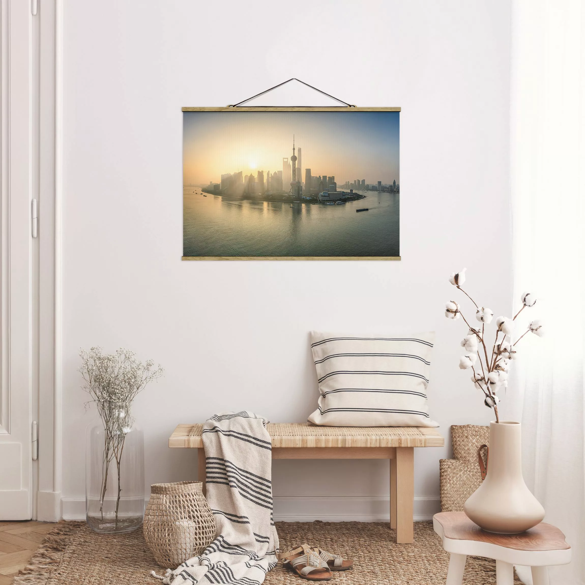 Stoffbild mit Posterleisten Pudong bei Sonnenaufgang günstig online kaufen