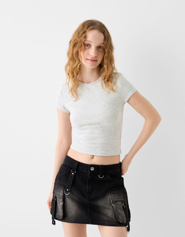 Bershka T-Shirt Mit Rundausschnitt Damen 10-12 Grau günstig online kaufen