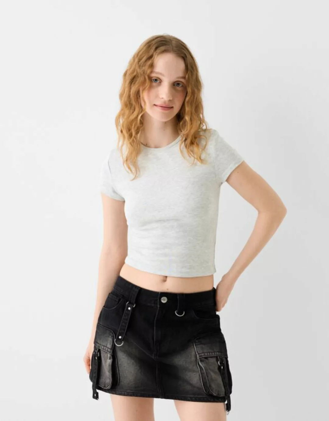 Bershka T-Shirt Rundausschnitt Damen L Grau günstig online kaufen
