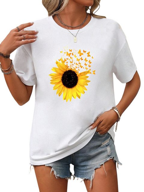 PYL Kurzarmshirt Damen Sommer Kurzarmbluse Locker Sonnenblume Print-Shirt günstig online kaufen