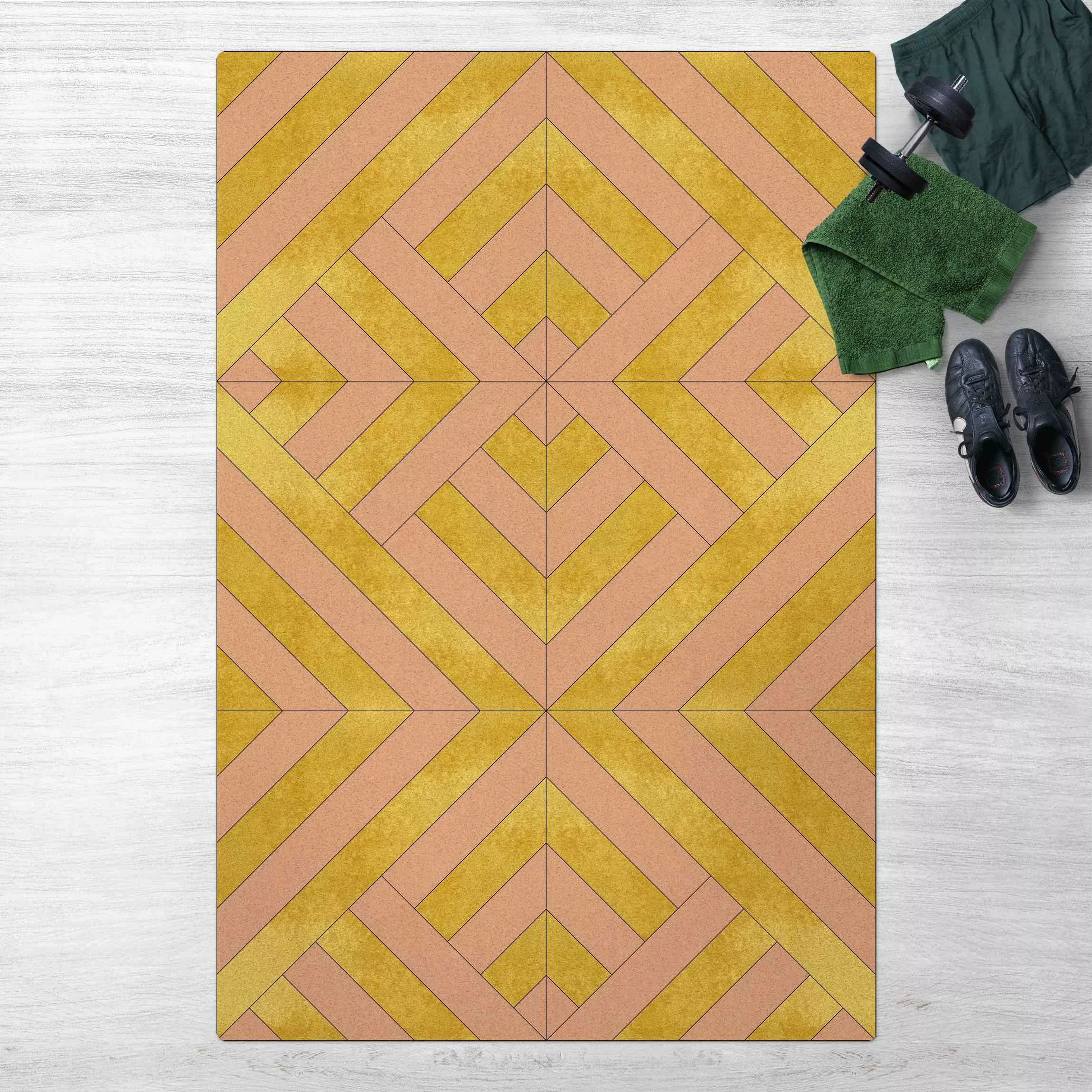 Kork-Teppich Geometrischer Fliesenmix Art Deco Gold günstig online kaufen