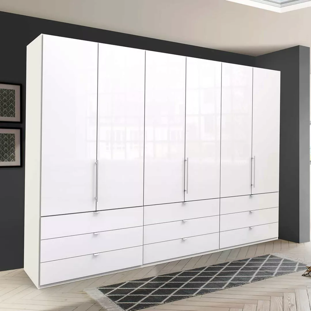 Weißer XL Falttürenankleideschrank mit neun Schubladen glasbeschichtet günstig online kaufen