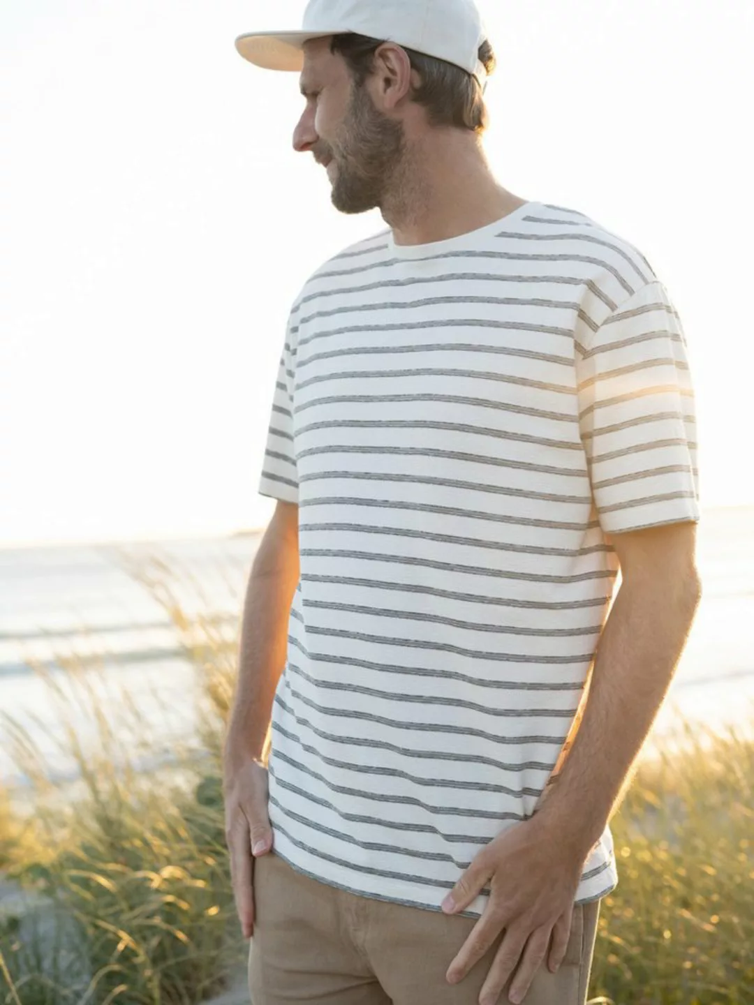 FUXBAU T-Shirt Gestreiftes Männer T-Shirt Milos - cremeweiß salbei 100% Bio günstig online kaufen