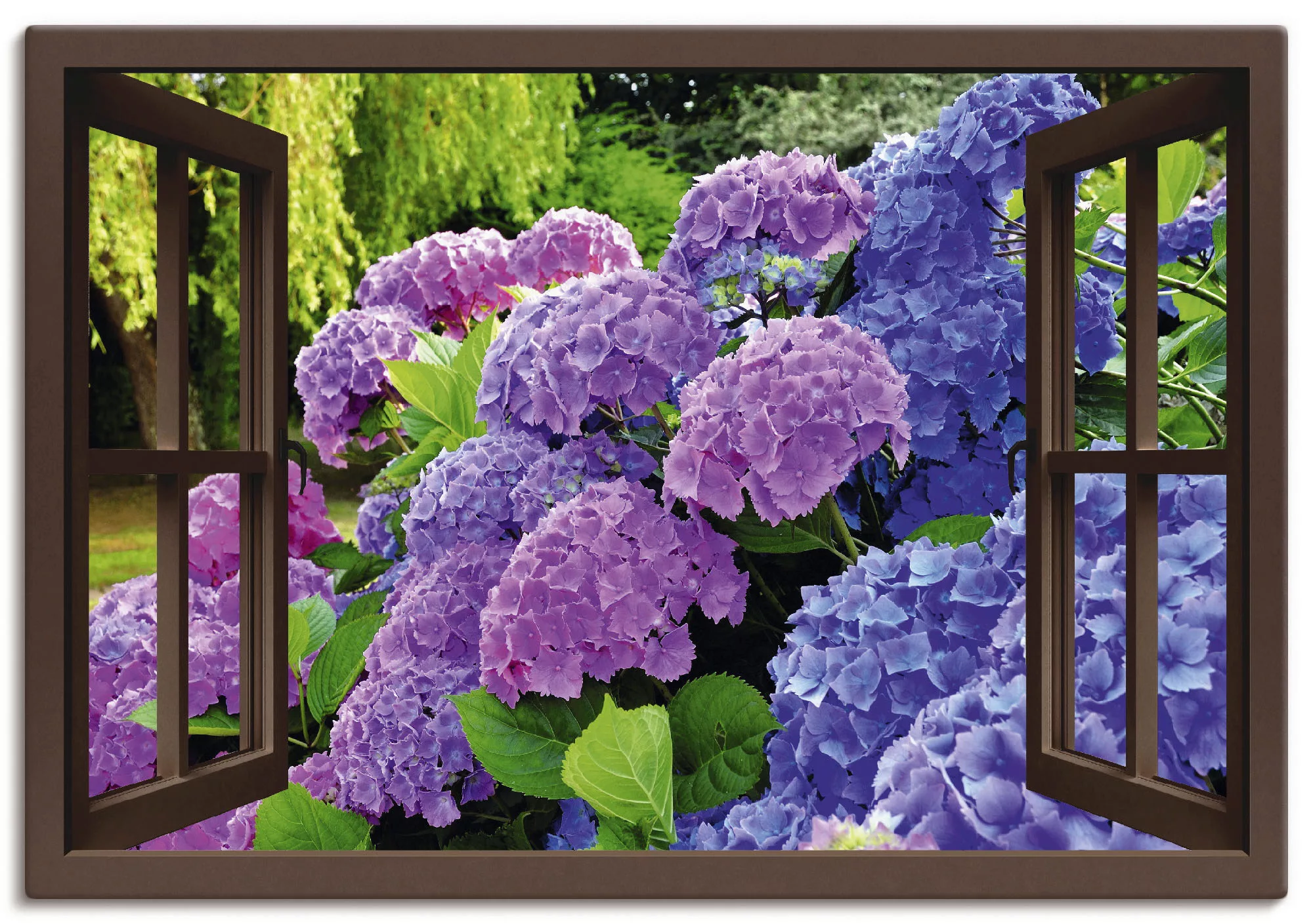 Artland Wandbild "Fensterblick - Hortensien im Garten", Blumen, (1 St.), al günstig online kaufen