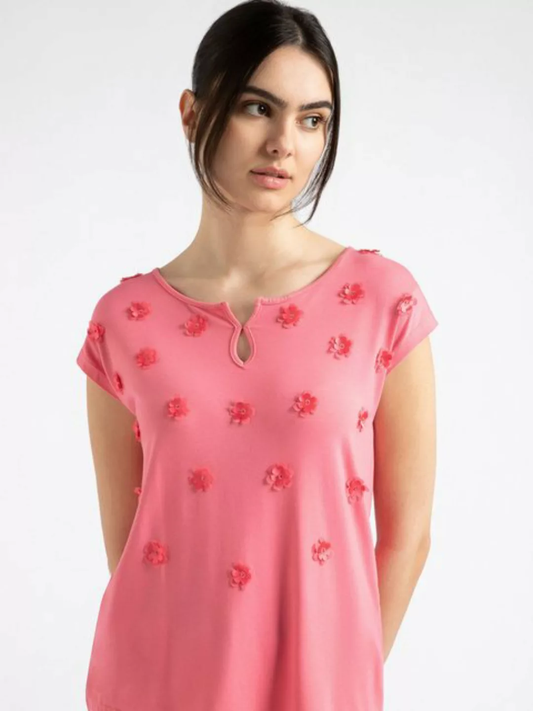 T-Shirt mit Blüten-Applikation, sorbet pink, Sommer-Kollektion günstig online kaufen