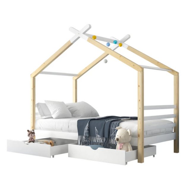 Flieks Kinderbett (1-tlg), Hausbett mit 2 Schubladen Massivholzbett 90x190c günstig online kaufen