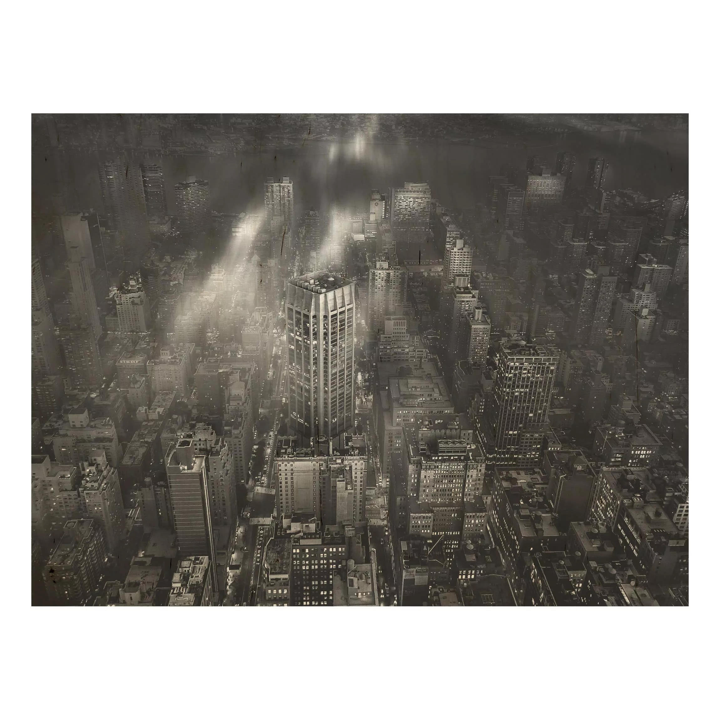 Holzbild Schwarz-Weiß - Querformat 4:3 Sonnenlicht über New York City günstig online kaufen