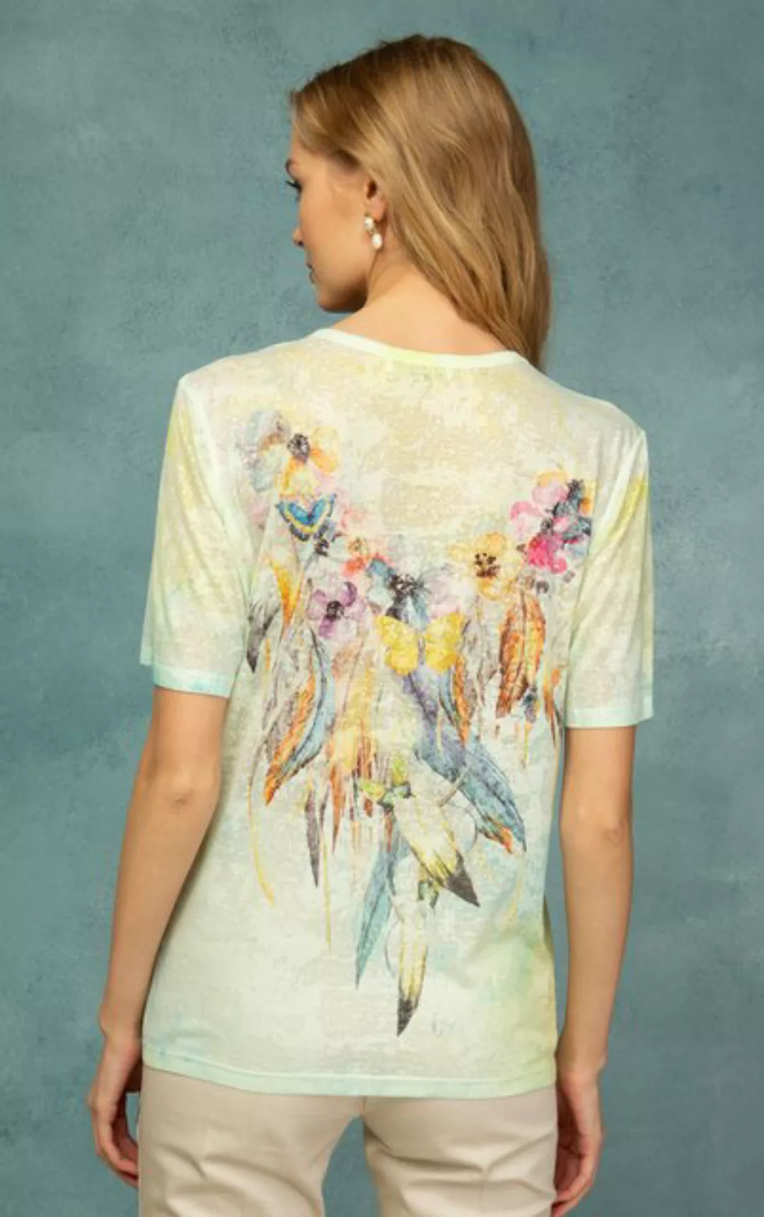 Passioni Print-Shirt Sommer-T-Shirt mit Blumen- und Federmuster am Hals und günstig online kaufen