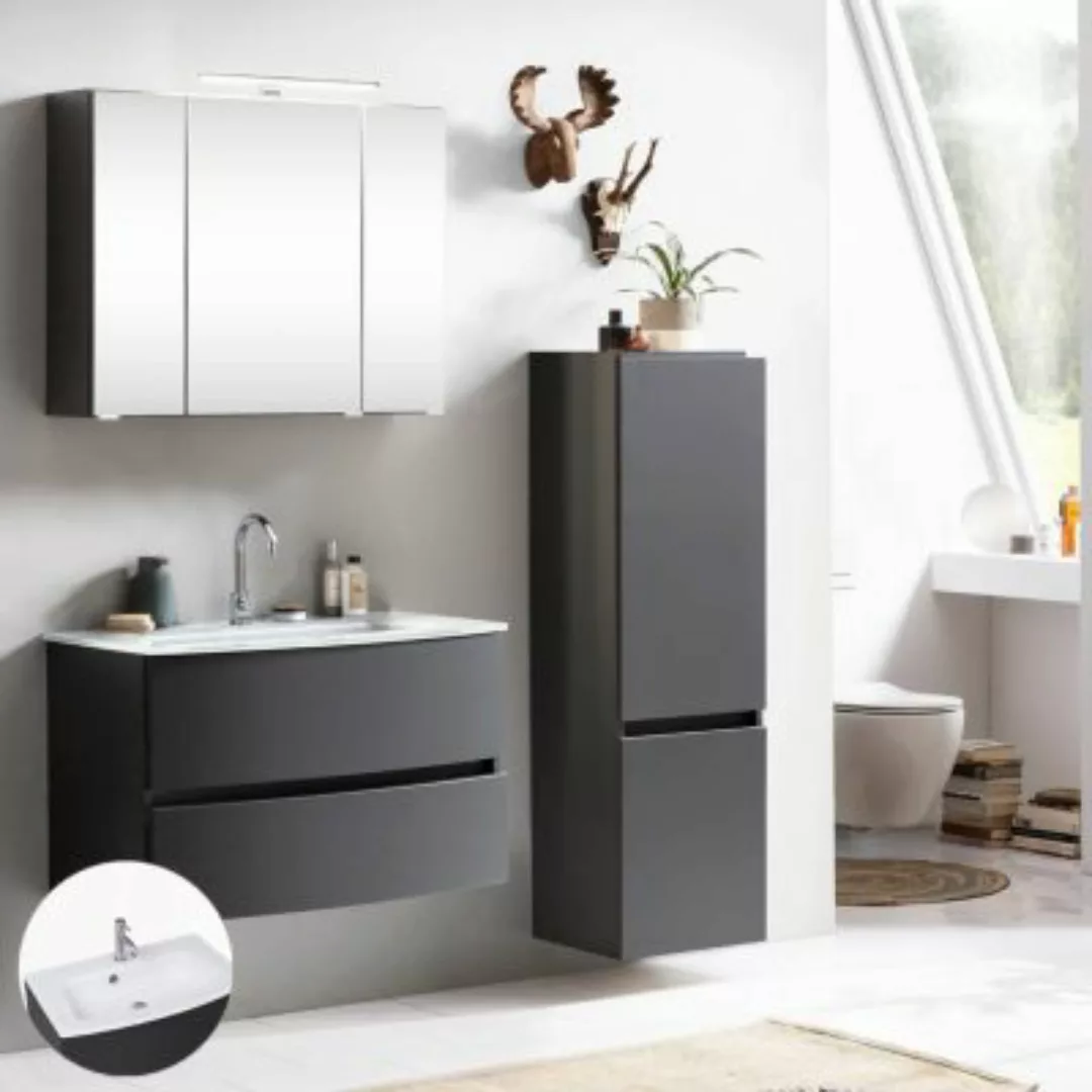 Lomadox Badezimmer Waschtisch Set mit Glasbecken weiß LAURIA-03 in Graphitg günstig online kaufen