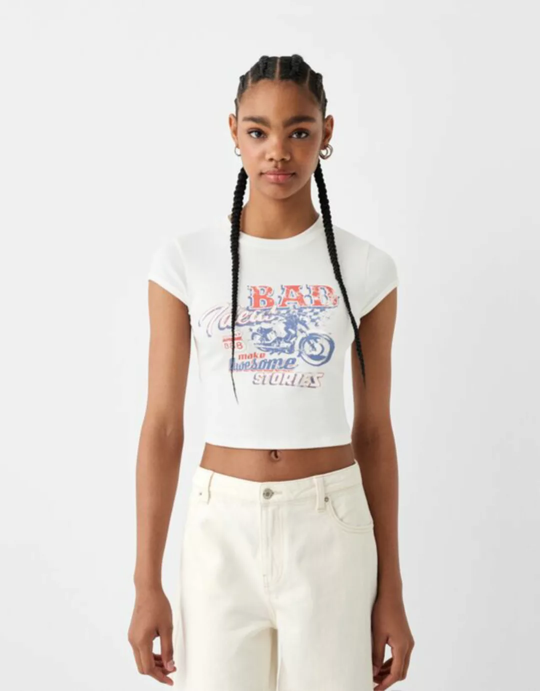 Bershka T-Shirt Print Bänder Rücken Damen Xs Rohweiß günstig online kaufen