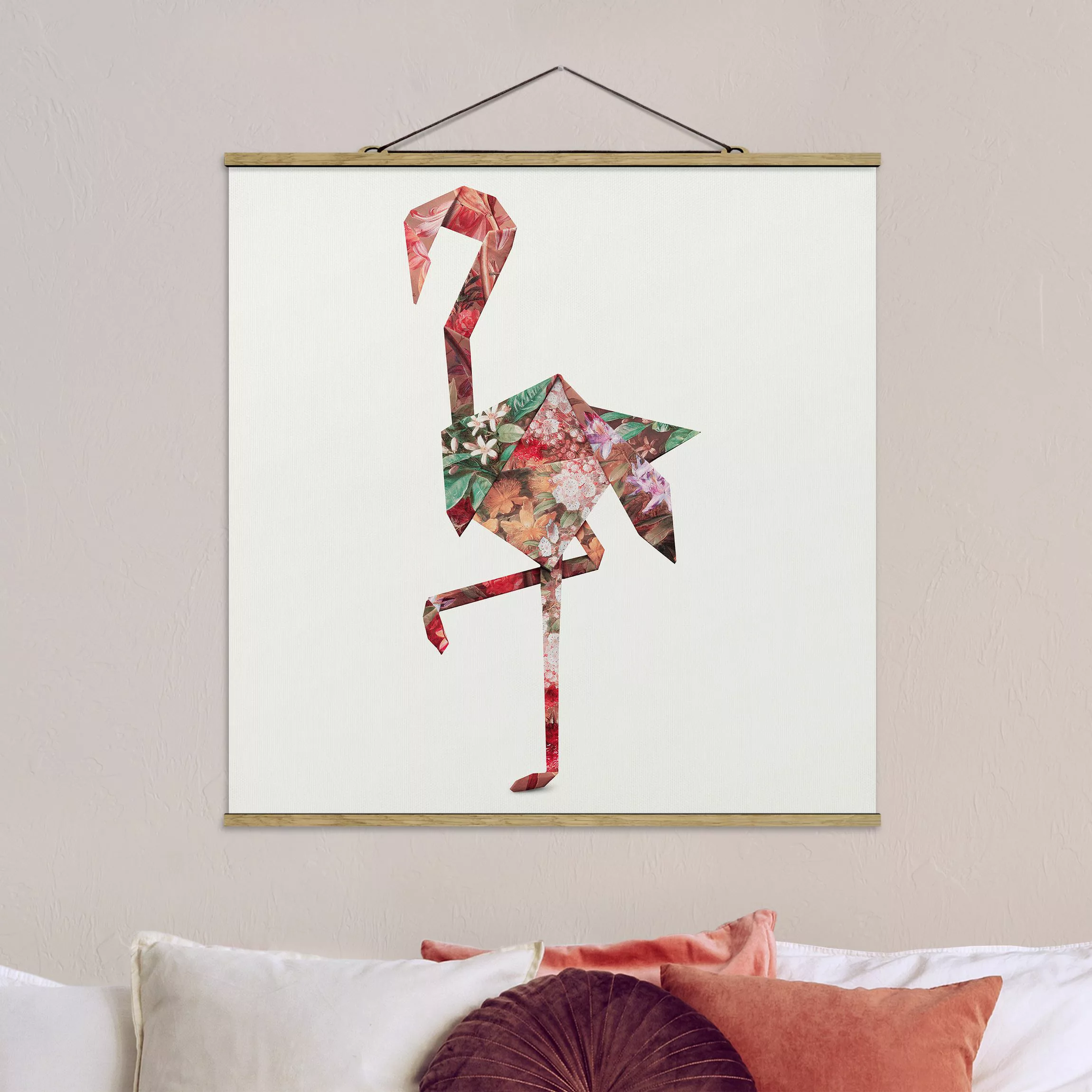 Stoffbild Blumen mit Posterleisten - Quadrat Origami Flamingo günstig online kaufen