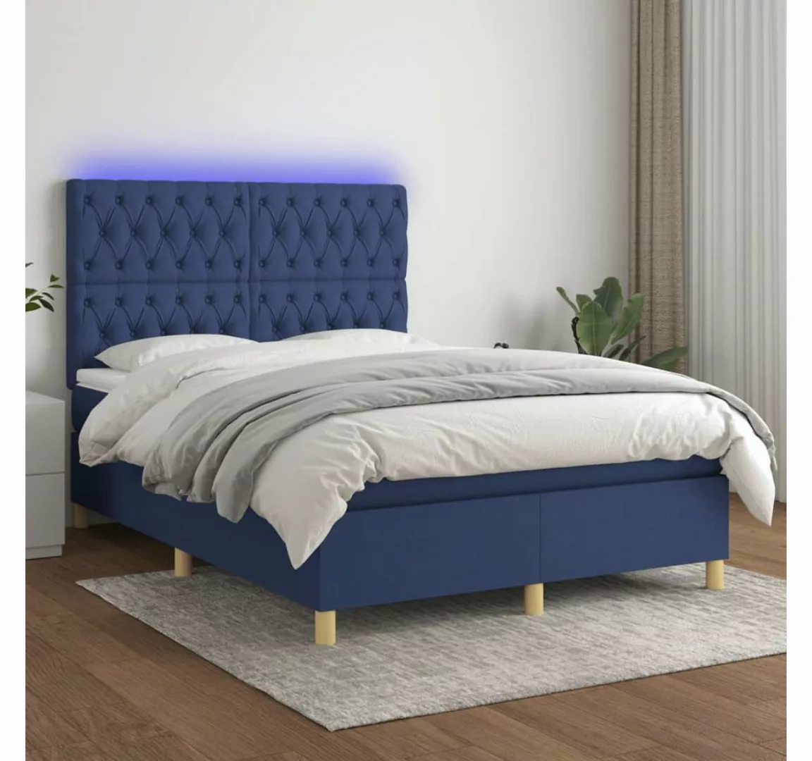 vidaXL Boxspringbett (140 x 190 cm, Knopfheftung Schräg, Blau), mit LED günstig online kaufen