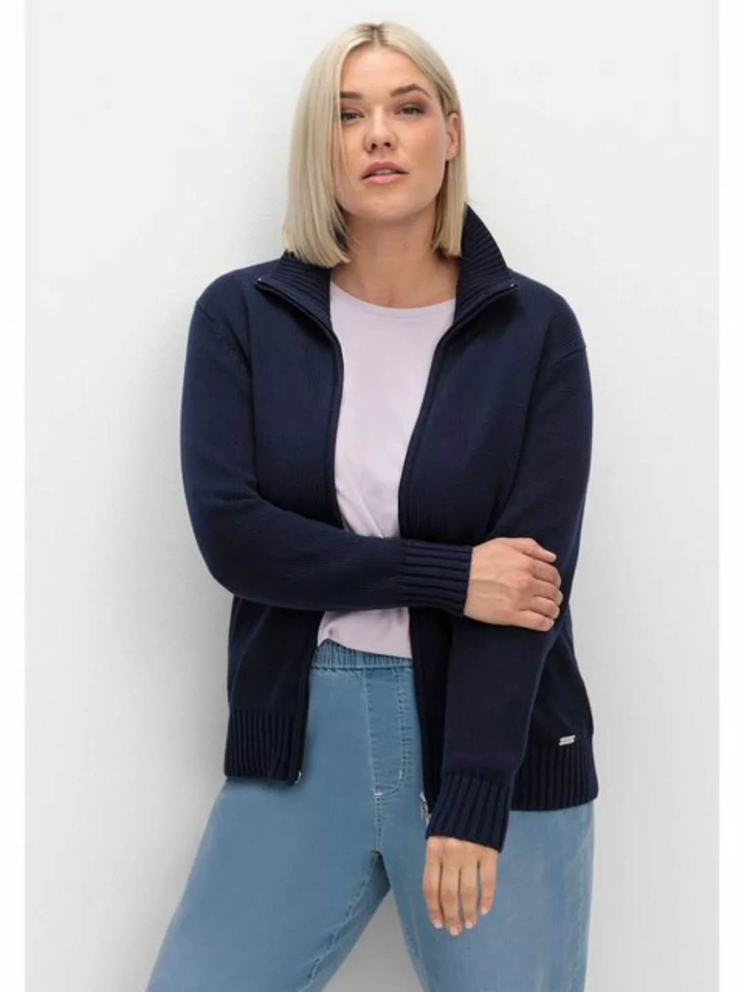 Sheego Strickjacke Große Größen mit Troyerkragen und 2-Wege-Zipper günstig online kaufen