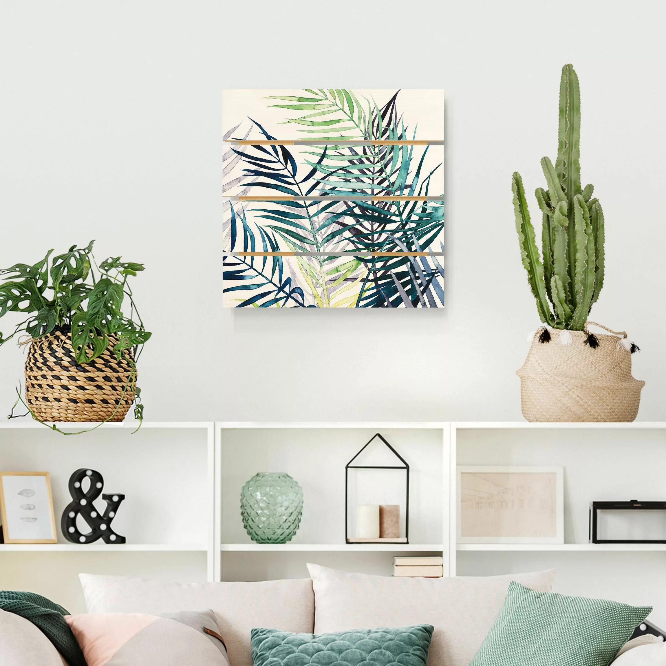 Holzbild Plankenoptik Blumen - Quadrat Exotisches Blattwerk - Palme günstig online kaufen