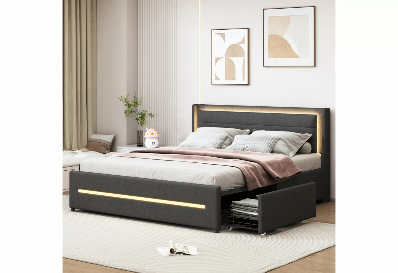 NMonet Polsterbett Stauraumbett, LED Doppelbett, mit 4 Schubladen, Leinenst günstig online kaufen