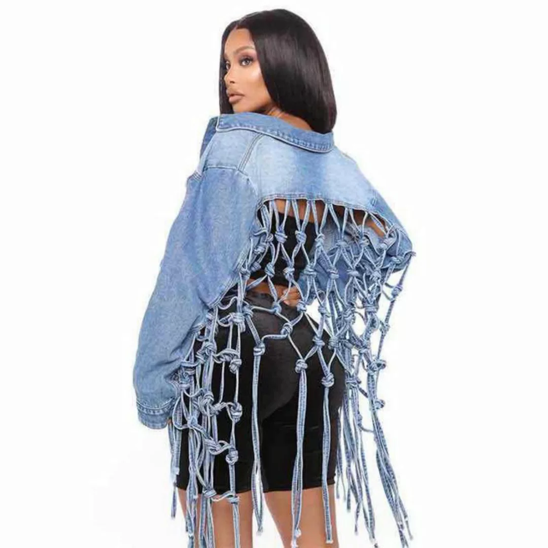 RUZU UG Strickjacke Cardigan Neuartige Denim-Jacke Quasten Rückseite Damen günstig online kaufen