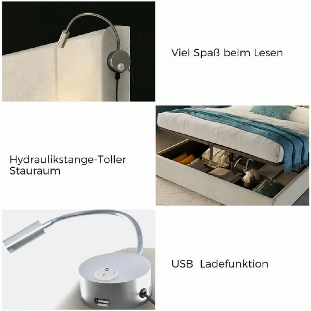 Rosaking Polsterbett Doppelbett Stauraum Bettkasten Leselicht mit USB Ladef günstig online kaufen