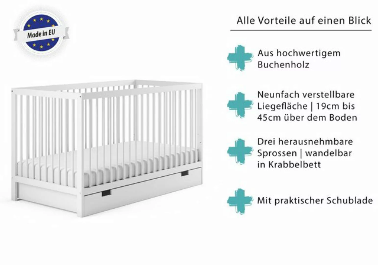 Kids Collective Babybett Gitterbett 60x120 70x140 cm höhenverstellbar mit S günstig online kaufen