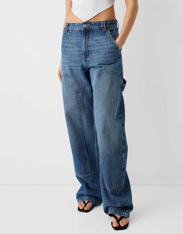 Bershka Wide Balloon Fit-Workwear-Jeans Damen 38 Ausgewaschenes Blau günstig online kaufen