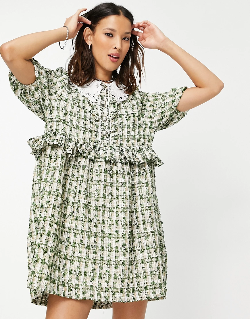 Sister Jane – Minikleid aus Tweed mit besticktem Kragen-Grün günstig online kaufen
