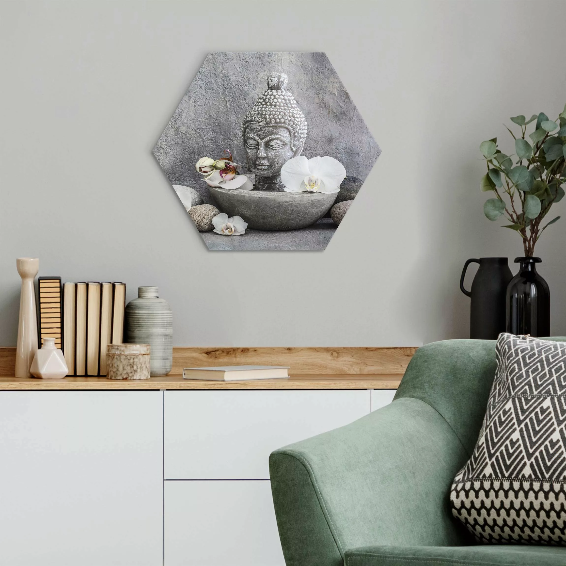 Hexagon-Alu-Dibond Bild Zen Buddha, Orchideen und Steine günstig online kaufen