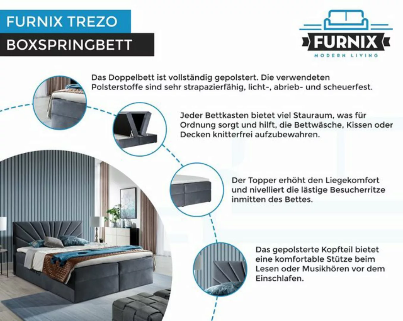 Furnix Boxspringbett TREZO 4 120/140/160/180/200x200 cm mit tiefen Bettkast günstig online kaufen